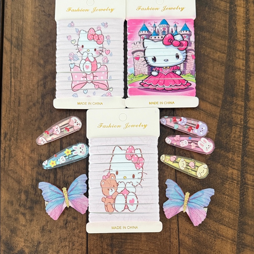 Kitty Hair Clip and Ouch less Ties Set - Pink and Blue